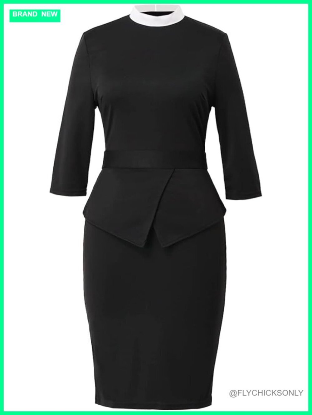 Crewneck 3/4 Sleeve Bodycon Pencil Dress with Slit